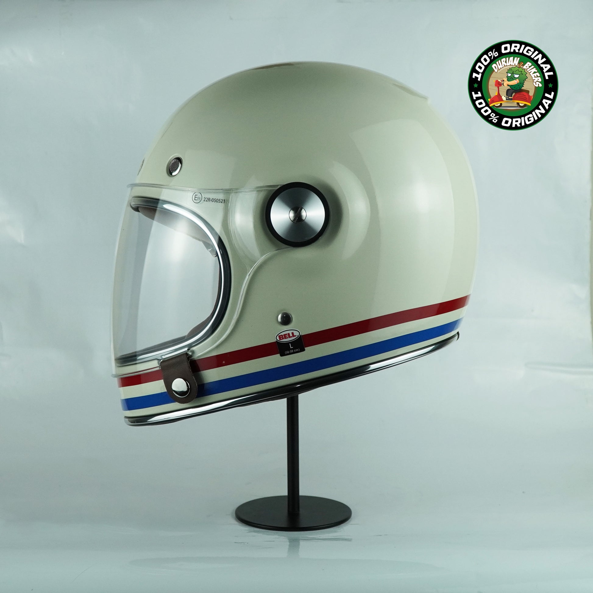 bell bullitt retro blue full face helmet ราคา Bell Helmet Bullitt SE (Stripes Gloss Pearl White/OxBlood/Blue) – Durian Bikers